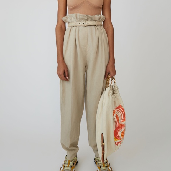 Acne Pants - Acne Studios Pleated Linen Tapered Beige Paper Bag Pants